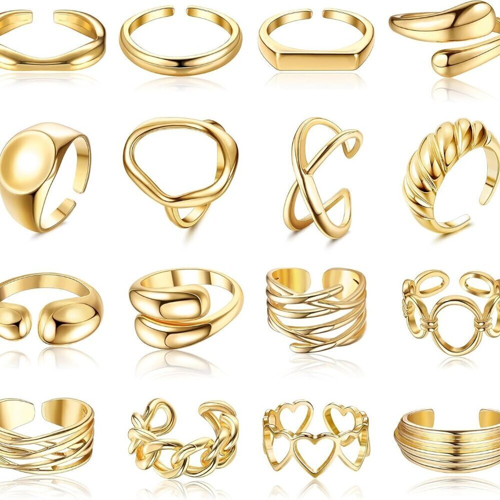 Gold Ring Set 16 Pcs Adjustable Chunky Dome Stackable Jewelry for Women - Picture 1 of 9